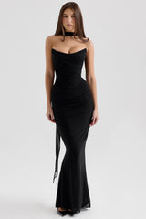 black strapless corset with neck scarf