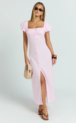 Welmina Midi Dress - Short Sleeve Placket Front Dress in Pale Pink