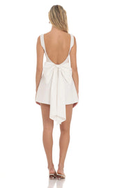 High Neck Back Bow Dress in White