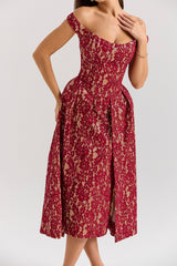 gold and berry lace midi off shoulder dress