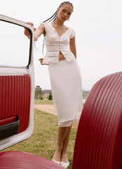 Rina Low Rise Satin Midi Skirt - White