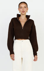 Gaia Jumper - High Neck Full Zip Cropped Jumper in Chocolate