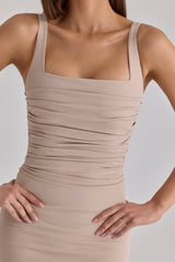 taupe stretch crepe ruched maxi dress