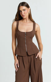 Xandria Top - Scoop Neck Hardware Zip Front Vest Top in Brown