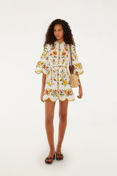 Off-White Lemon Bouquet Belted Puff Sleeve Mini Dress
