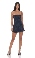 Textured Floral A-line Dress in Navy
