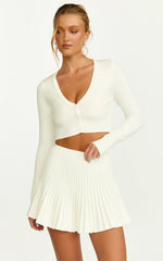 Naomi Two Piece Set - Contrast Knit Button Up Long Sleeve And Pleated Mini Skirt in Plain White