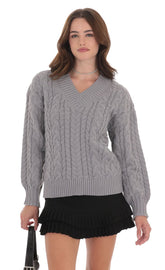 Cable Knit V-Neck Jumper in Grey