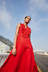 Red 3d Flower Maxi Dress