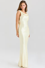 buttermilk satin draped cowl neck maxi dress
