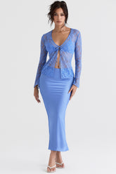 blue satin bias cut midi skirt