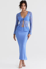 blue satin bias cut midi skirt
