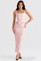 pink metallic floral satin midi skirt