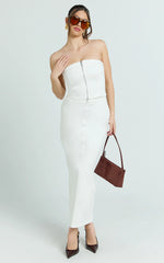 Sahara Top - Strapless Denim Front Double Zip Top in Ecru