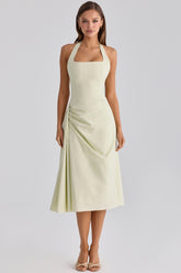 matcha green cotton halter neck midi dress