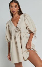 Rosita Mini Dress - Tie Front Puff Sleeve Dress in Stone
