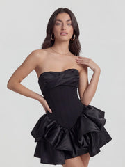 Lustrous Draped Bustier Tiered Ruffle Mini Dress