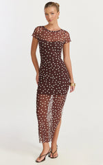 Colette Maxi Dress - Mesh Tshirt Dress in Chocolate Polka Dot