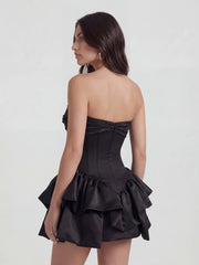 Lustrous Draped Bustier Tiered Ruffle Mini Dress
