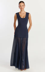 Frances Maxi Dress - Contrast U Neck Godet A Line Dress in Navy