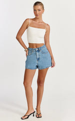 Aria Shorts - High Waisted A Line Denim Shorts in Light Mid Blue Wash