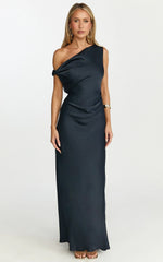 Lira Maxi Dress - One Shoulder Satin Dress in Navy