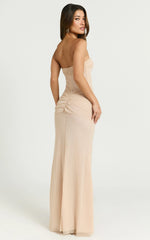 Uma Maxi Dress - Glitter Tulle Strapless Ruched Side Dress in Nude