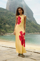 Light Yellow Poppy Flowers Sleeveless Maxi Dress