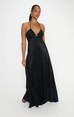 Paros Maxi Dress ~ Pleated Black Gloss