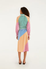 Multicolor Stripes Embroidered Belted Midi Dress