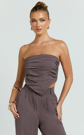 Norma Top - Strapless Linen Blend Scarf Tie Top in Mushroom