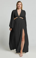 Paige Maxi Dress - Side Cut Out Balloon Sleeve Dress in Black