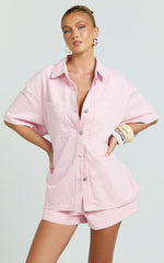 Rhianna Top - Oversized Recycled Denim Short Sleeve Shirt in Pink