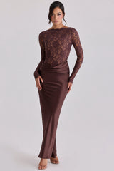 espresso brown lace + satin draped maxi dress
