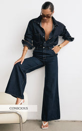 Therese Jeans - High Waist Wide Leg Flare Recycled Denim Jeans in Raw