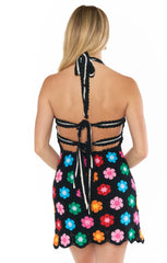 Happy Halter Mini Dress ~ Multi Black Flower Crochet