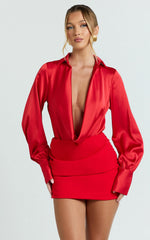 Zephyr Bodysuit - Plunge Neck Cowl Bodysuit in Red
