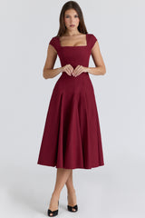 wine lace back twill midi dress