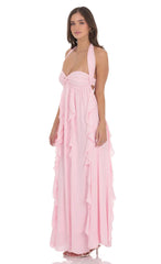 Halter Ruffle Babydoll Maxi Dress in Pink