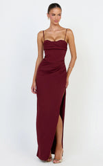 Zinnia Maxi Dress - Gathered Bust Side Split Dress in Wine