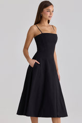 black cotton flared midi sundress