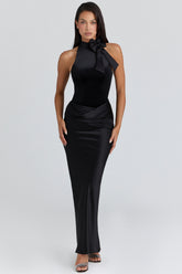 black satin draped maxi skirt