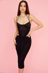 black ruched midi dress