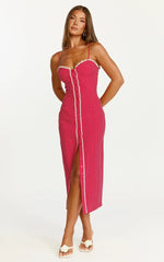 Camille Midi Dress - Button Front Bustier Lace Trim Fitted Dress in Red