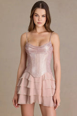 Premium Embellished Corset Mini Dress in Beige Gold