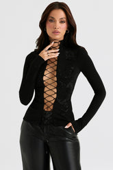 black crystallised lace up top