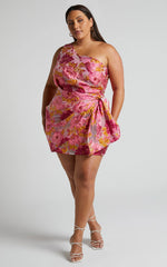 Brailey Mini Dress - One Shoulder Wrap Front Dress in Pink Jacquard