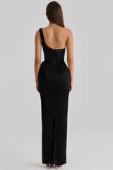 black satin one shoulder maxi dress