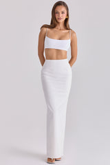 white cotton v back draped maxi skirt