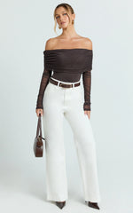 Jaythen Bodysuit - Long Sleeve Off Shoulder Ruched Mesh Bodysuit in Chocolate